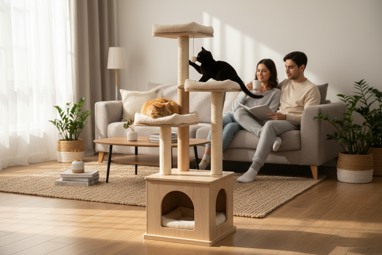 Árbol para gatos en salón moderno con pareja